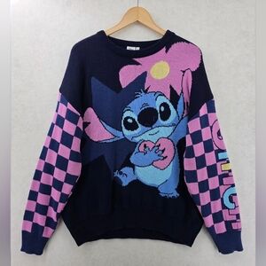 Disney X Lilo & Stitch Valentine's Navy Pink Knit Sweater Women's Small Cute
